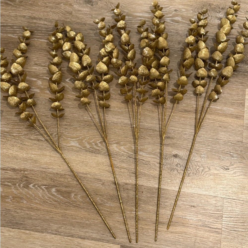 New Gold Metallic Faux Eucalyptus Christmas Floral Stems 26” - Set of 5